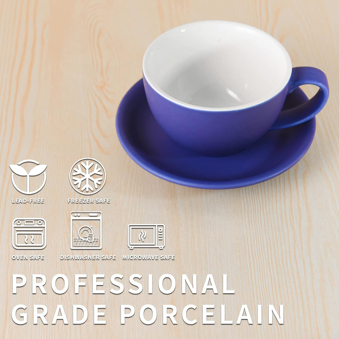 Yundu Latte-Tasse und Untertasse, Porzellan, 294 ml, für Cappuccino, Tee, Café, Mokka, 4 Stück, matt
