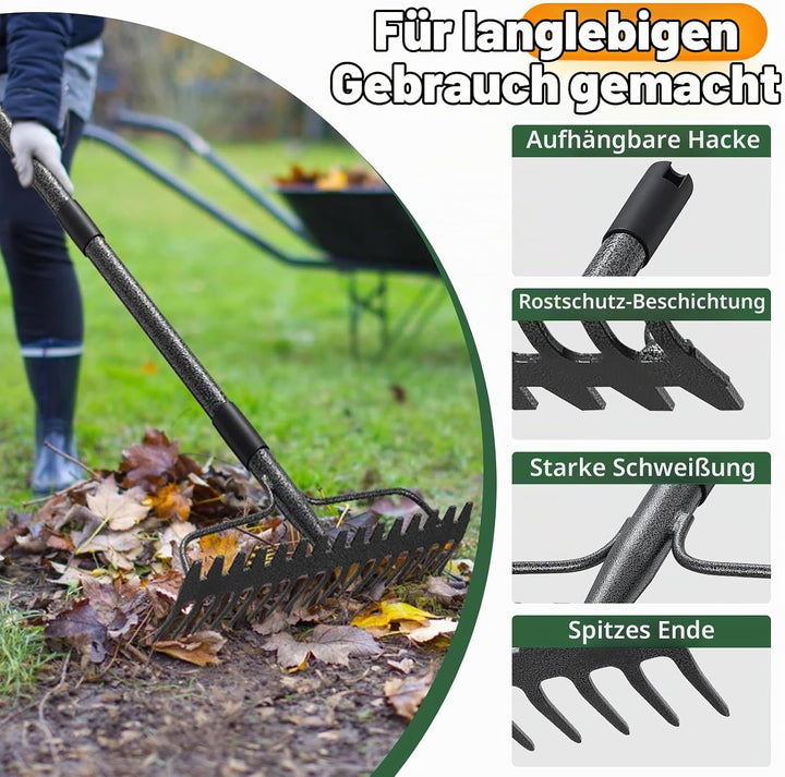 Gartenrechen 150 cm - Robuste Metall Gartenharke mit Stiel und 17 Zinken für Rasen, Laub &amp; Boden | R