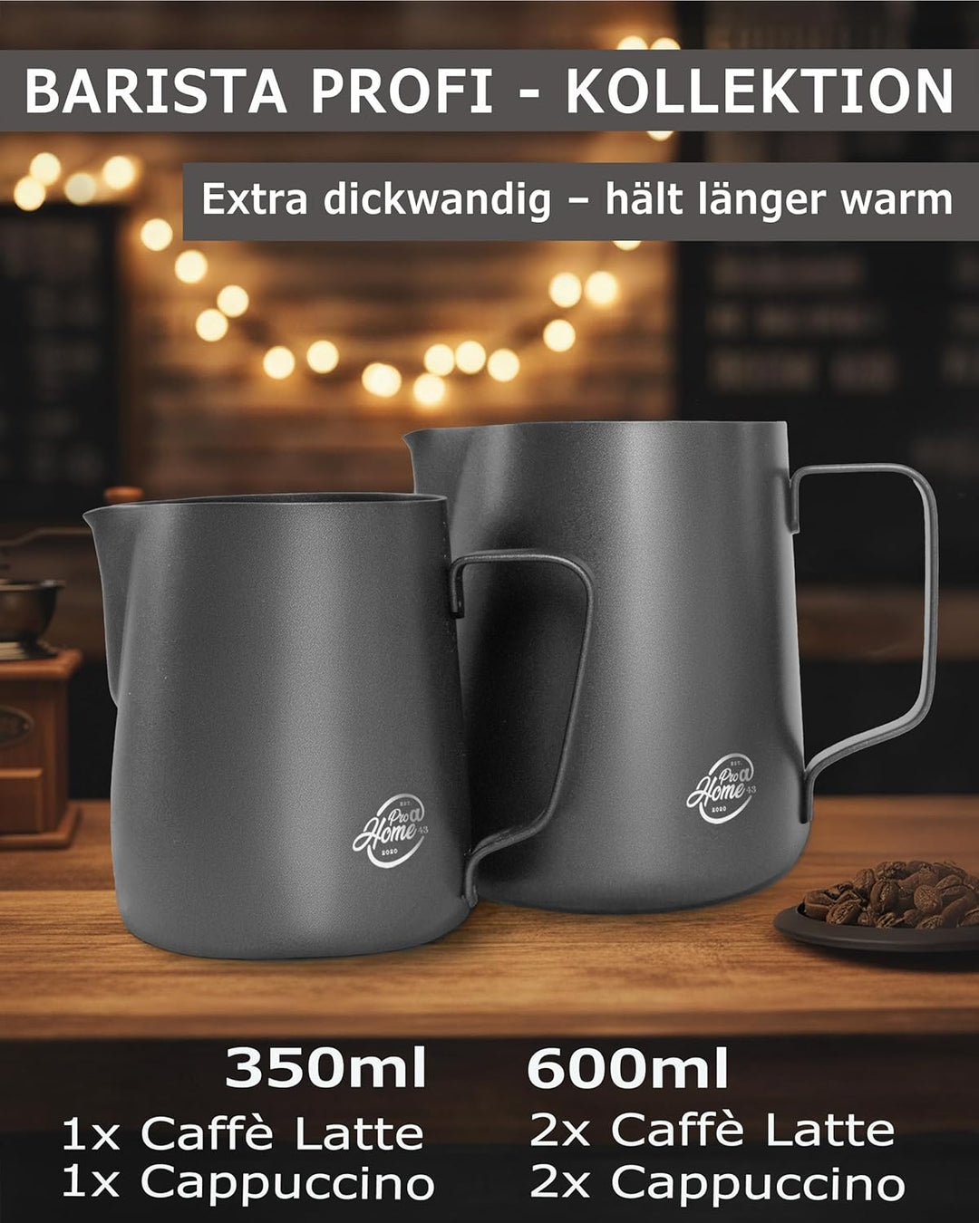 Pro@Home43 Barista Milchkännchen Edelstahl schwarz anthrazit 600ml (auch 350ml) inkl. Latte Art Stif