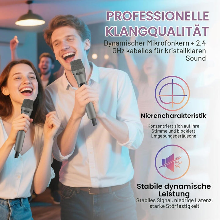 Aveek Kabelloses Karaoke Mikrofon Set, Professionelle Funkmikrofon Set 2.4G, Wiederaufladbar mit USB