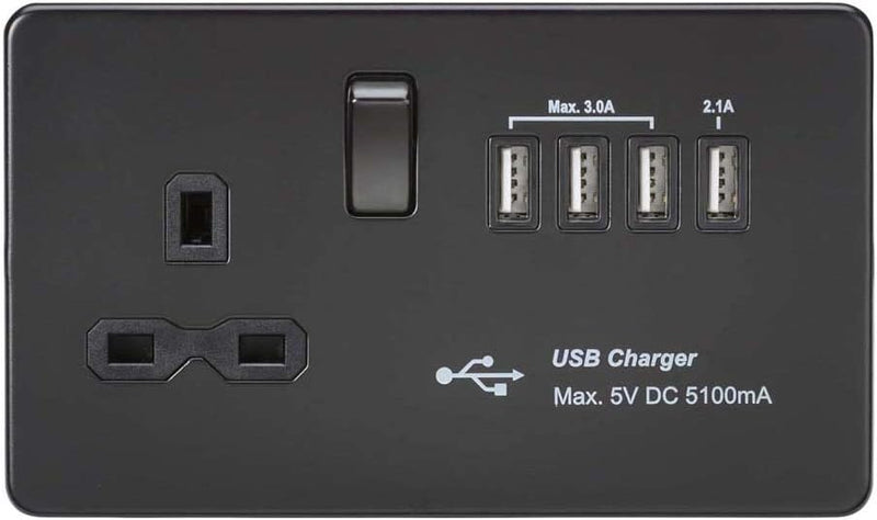 Knightsbridge SFR7USB4 mBB Steckdosenleiste mit 5,1 A Quad USB Ladegerät, mattschwarz, 13 A Steckdos