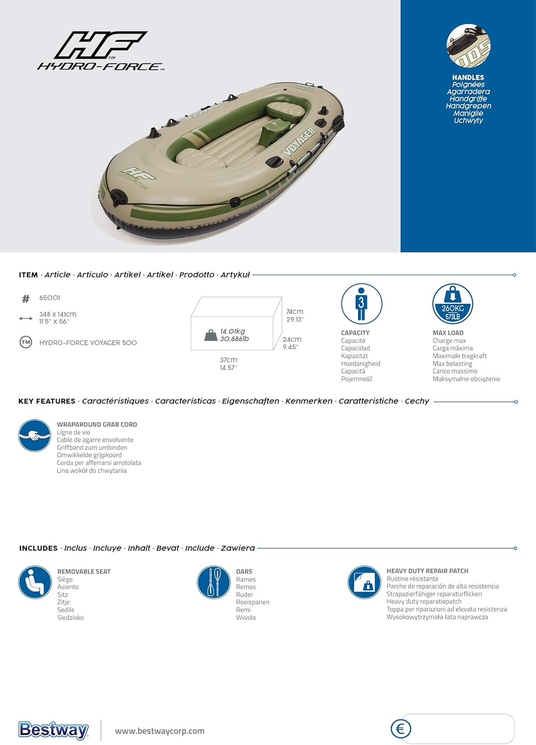 Bestway Hydro-Force Schlauchboot-Set Voyager 500, für 3 Personen, 348 x 141 x 48 cm, Mehrfarbig