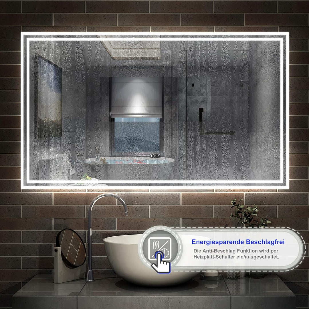 Aica Sanitär LED Spiegel mit Bluetooth 100×60cm Uhr Kalt/Neutral/Warmweiss dimmbar Touch/Wandschalte