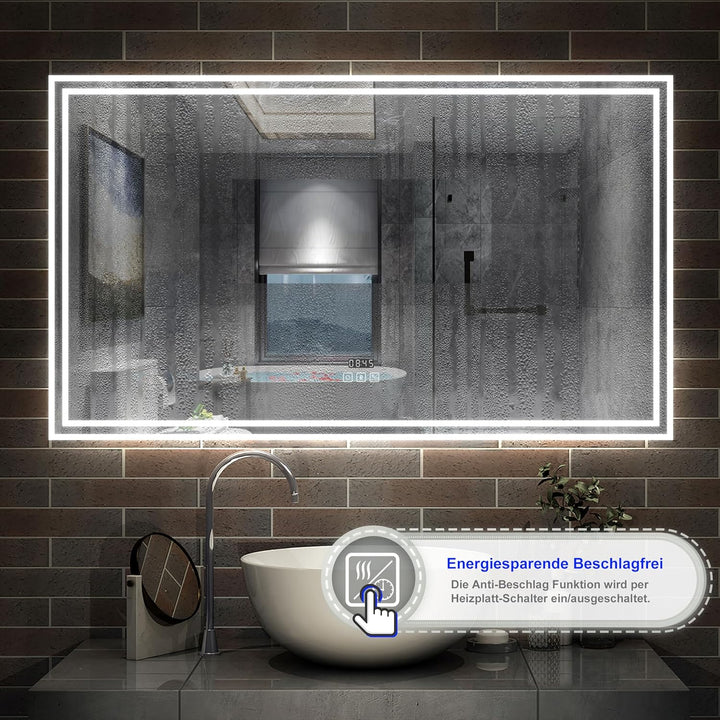 Aica Sanitär LED Spiegel mit Bluetooth 100×60cm Uhr Kalt/Neutral/Warmweiss dimmbar Touch/Wandschalte