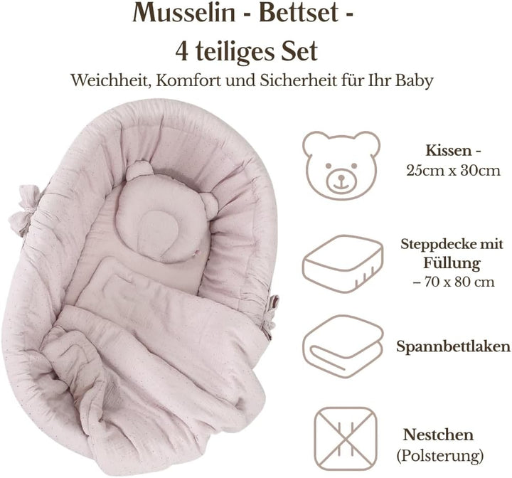 Wiklinopol Stubenwagen aus Weide mit Gestell & Matratze Amelia – Moseskorb in Grau – Set Musselin-Be