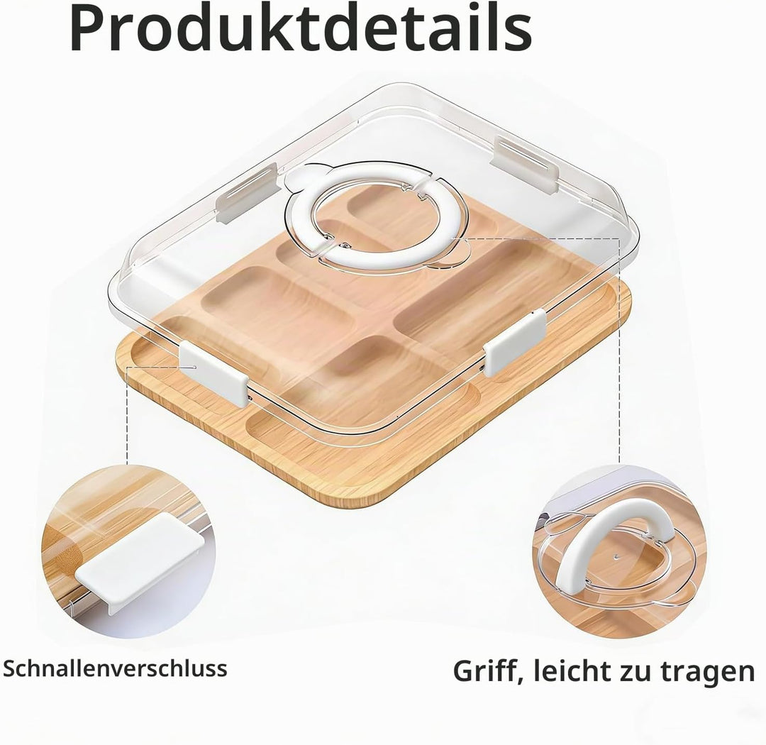 Charcuterie-Bretter mit Deckel und Griff, tragbares Bambus-Käsebrett mit 6 Fächern, Serviertablett f