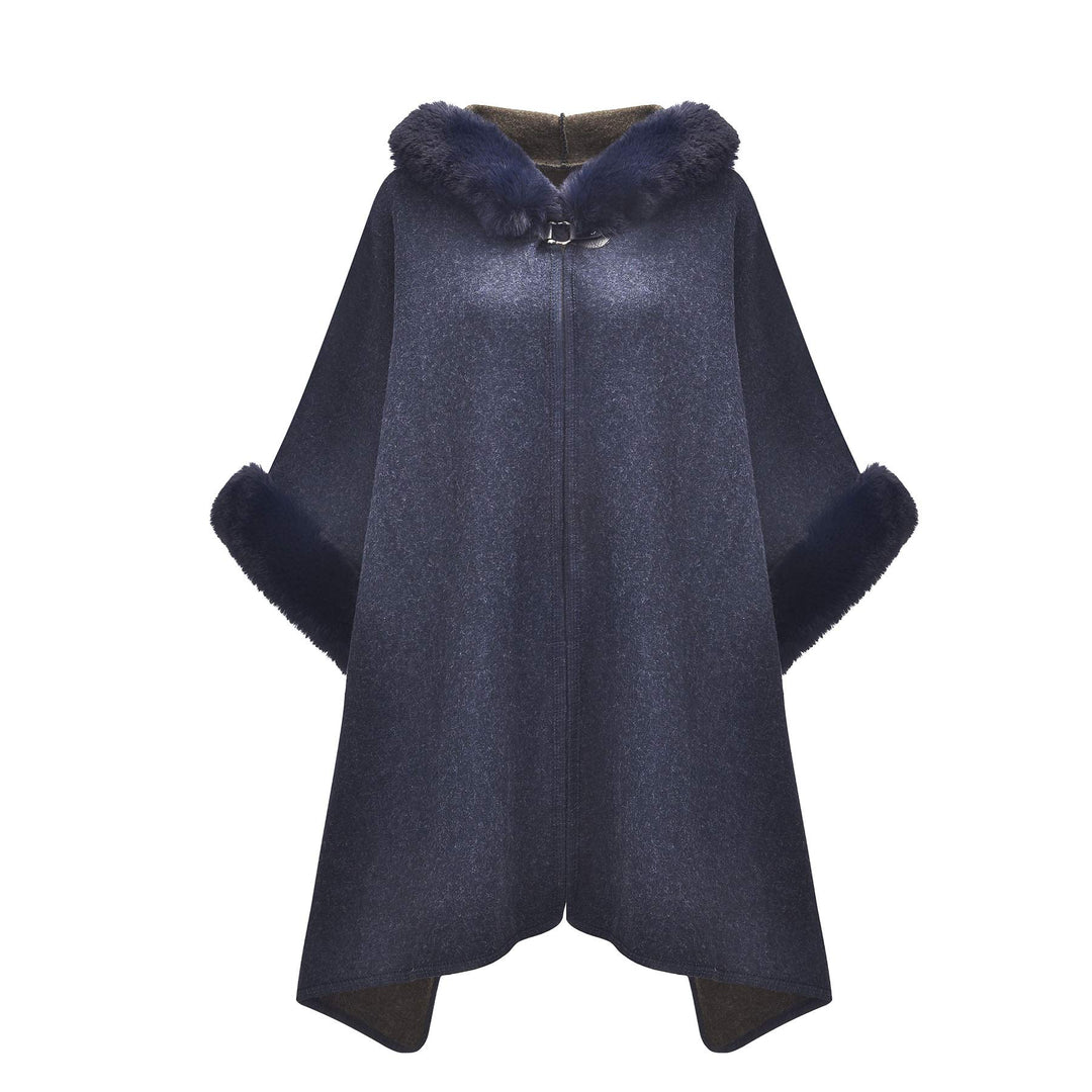 ZLYC Damen Winter Umhang Strickjacke Warm Kunstpelz Mäntel Poncho Cape mit Kapuze Einheitsgrösse Nav
