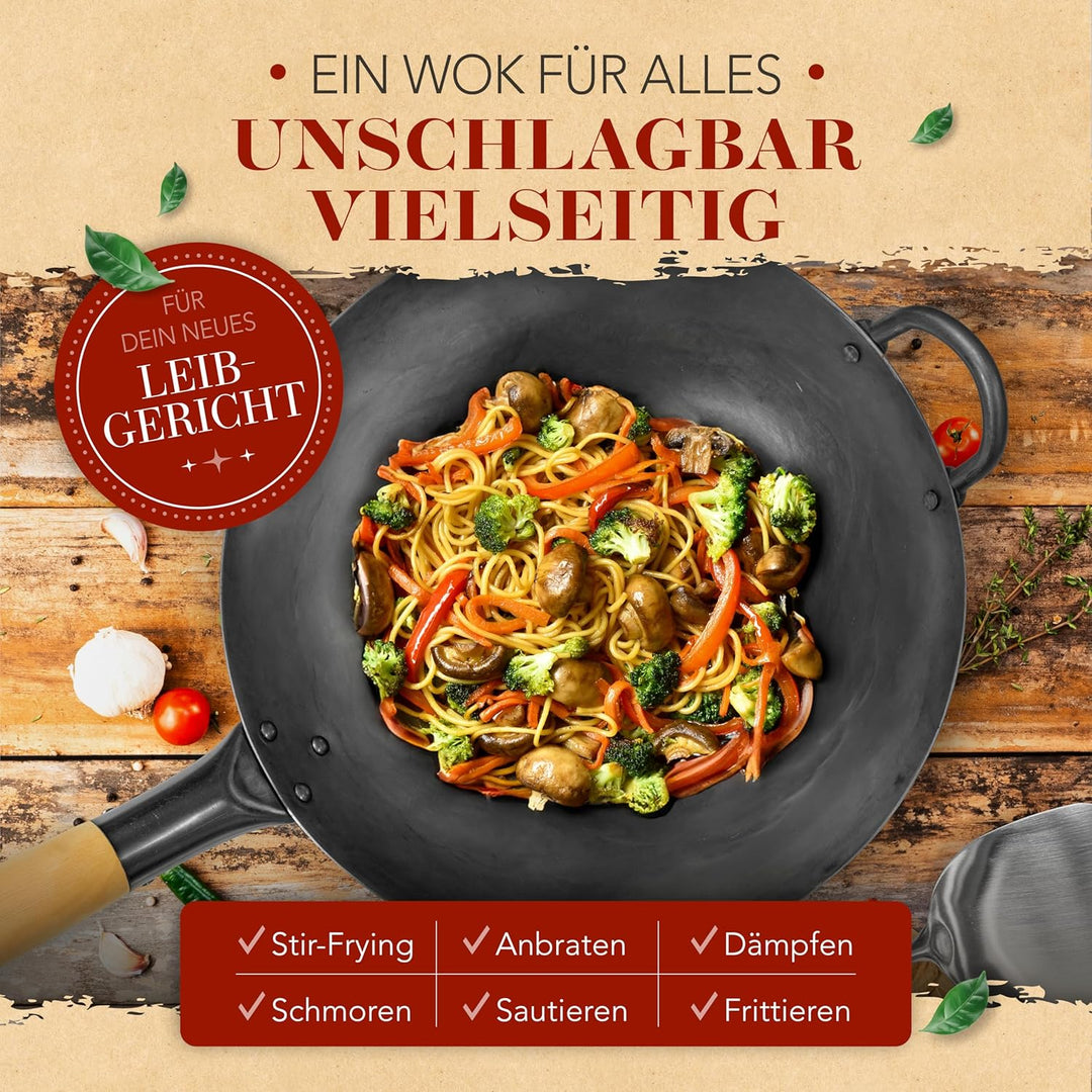 KRUSTENZAUBER 36cm Wokpfanne Induktion voreingebrannt - Traditionelle Stahlwokpfanne mit Wokwender u