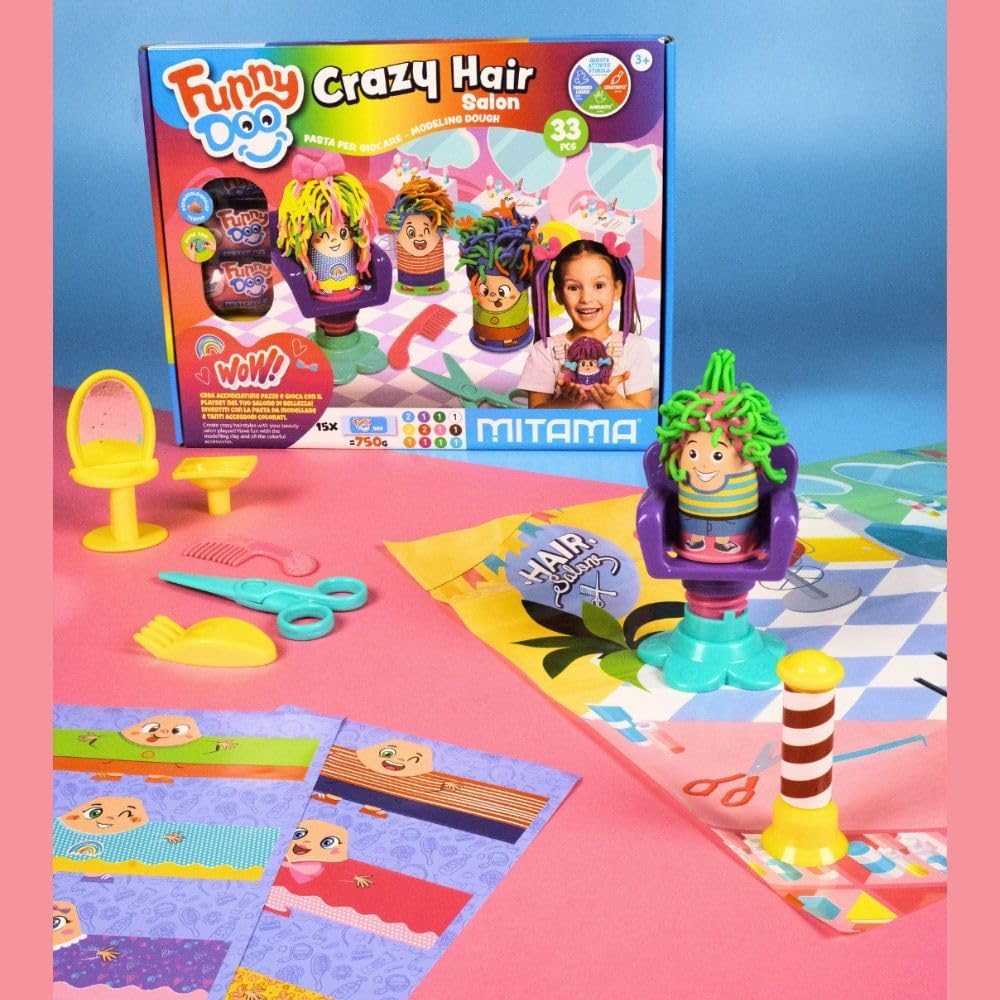 Mitama Funny Doo – Friseur-Spielset mit 15 Dosen Knete, Knetwerkzeug, Zubehör und Aufklebern, kreati