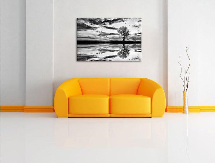 Pixxprint Monocrome, Einsamer Baum spiegelt Sich im Wasser, Format: 100x70 auf Leinwand, XXL riesige