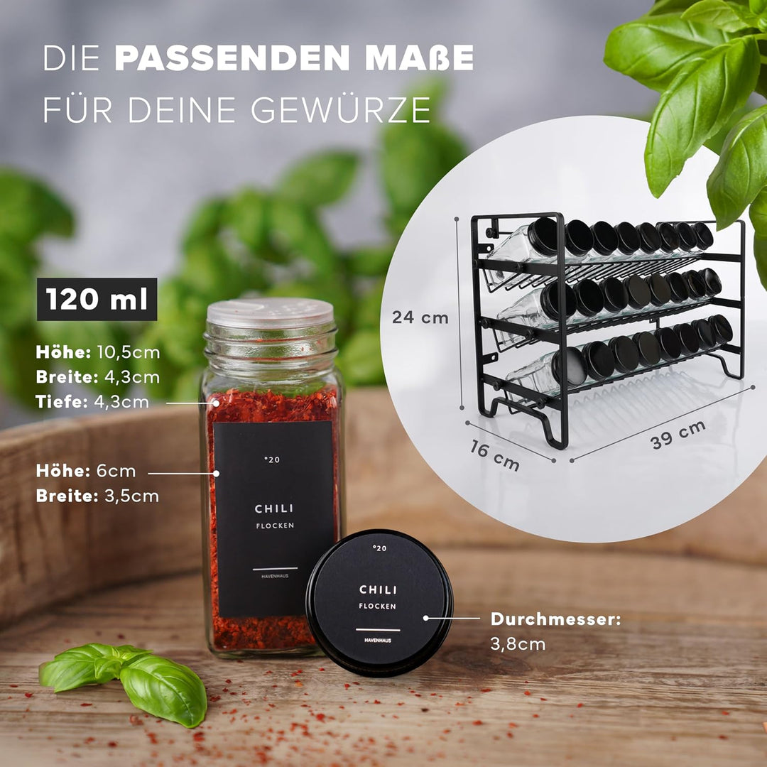 Havenhaus Gewürzregal Set schwarz | Gewürzregal stehend inkl. 24 Gewürzgläser+336 Gewürzetiketten de