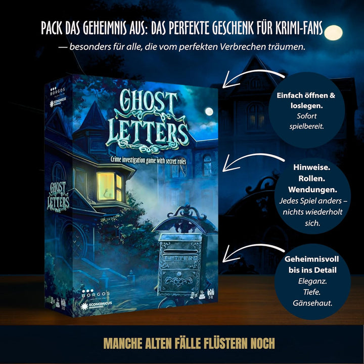 BORGOS Ghost Letters – Murder Mystery Detektivspiel mit geheimen Rollen | Gesellschaftsspiel | Krimi