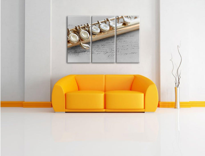 Pixxprint Detailaufnahme Einer Querflöte Schwarz/Weiss 3-Teiler Leinwandbild 120x80 Bild auf Leinwan