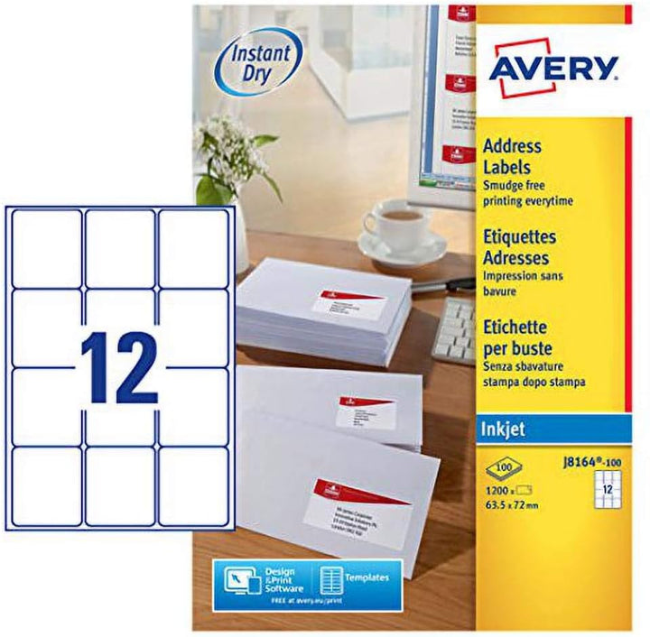 Avery J8164-100 Adressetiketten für Tintenstrahldrucker (schnell trocknend, 12 Stück pro Blatt, 63,5