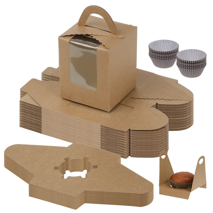 Fippy 50 Stück Cupcake Boxen 1er mit 100 Stück Cupcake Förmchen Papier, Einzelne Cupcake Muffin Boxe