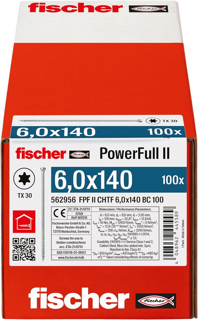 fischer PowerFull II 6,0 x 140, Premium Vollgewindeschraube (100 Stk.) mit innovativer Spitzengeomet