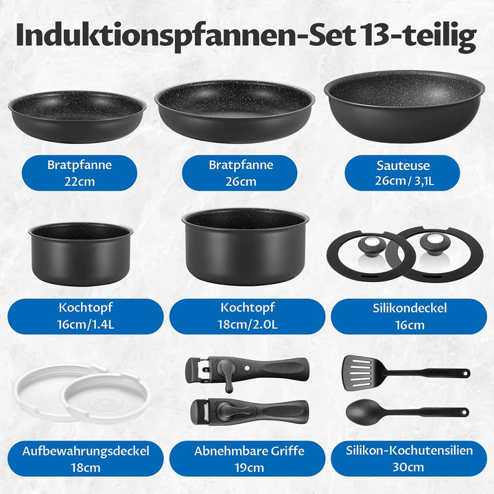 BEZIA Induktions Pfannen Set mit abnehmbaren Griffen, antihaftbeschichtetes Pfannenset, Für alle Her