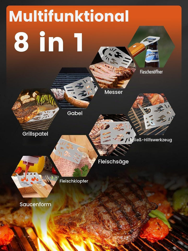 Landrip 2 Stück Grillspachtel für Barbecue, 8 in 1 Grillbesteck mit Holzgriff, EdelstahI, Multifunkt