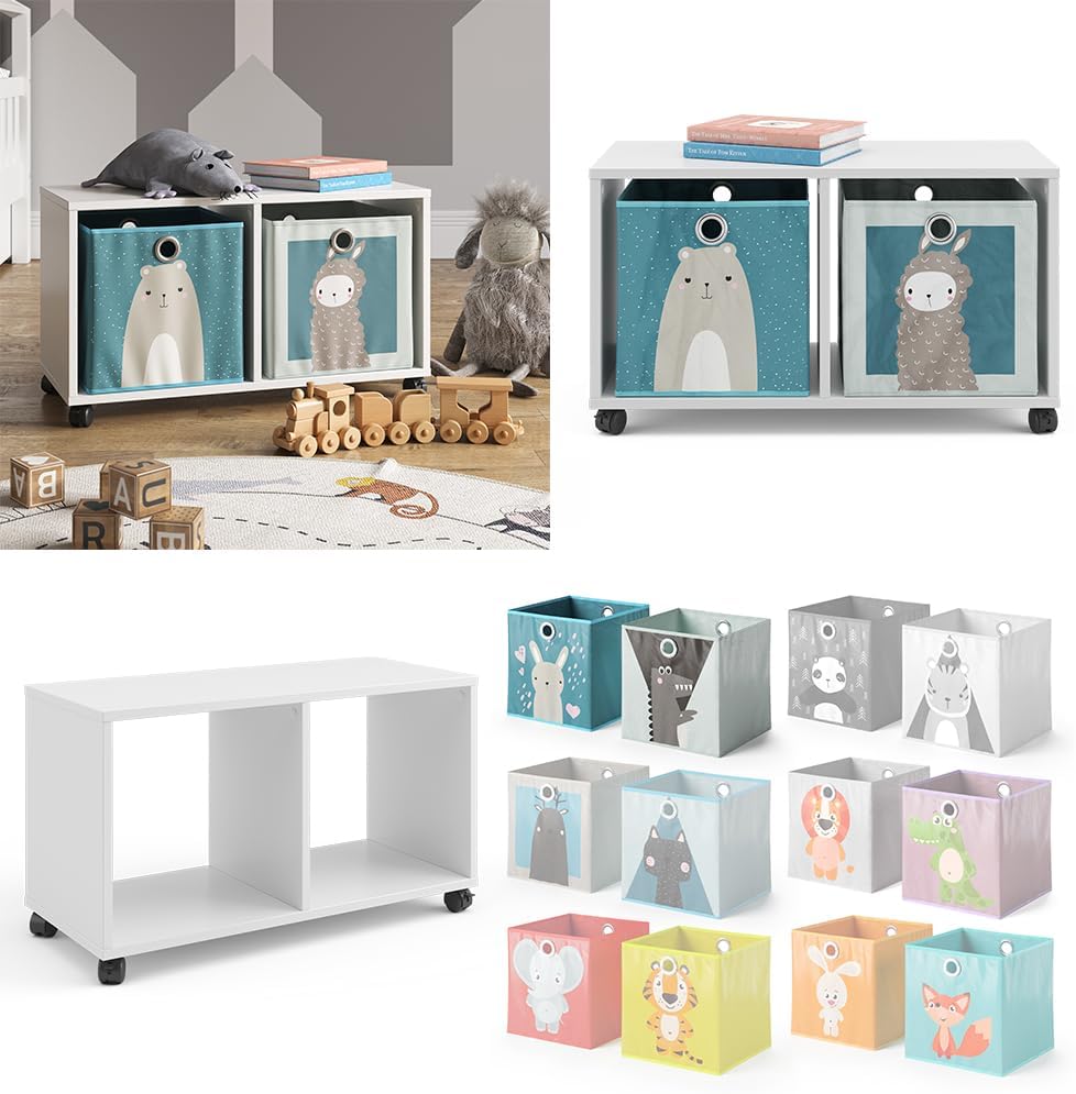 Vicco Kinderregal, Weiss, 72 x 42.4 cm mit 2 Faltboxen, auf Rollen fahrbar mit Zwei offenen Ablagefl