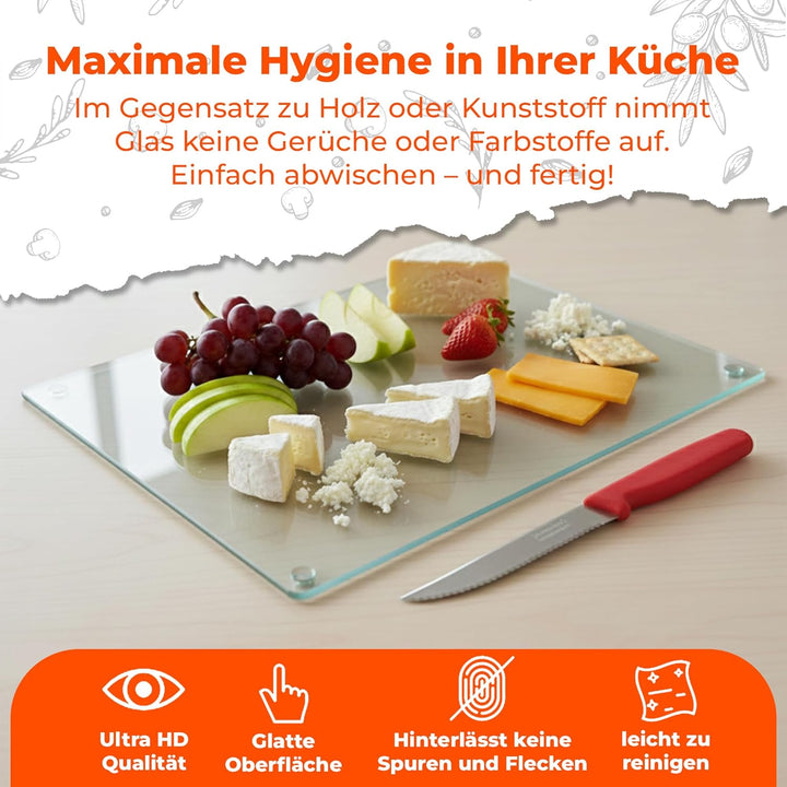 Glas Schneidebrett | 40 x 50 cm | Schneidebrett Glas für die Küche | Hygienisches Schneidebrett aus