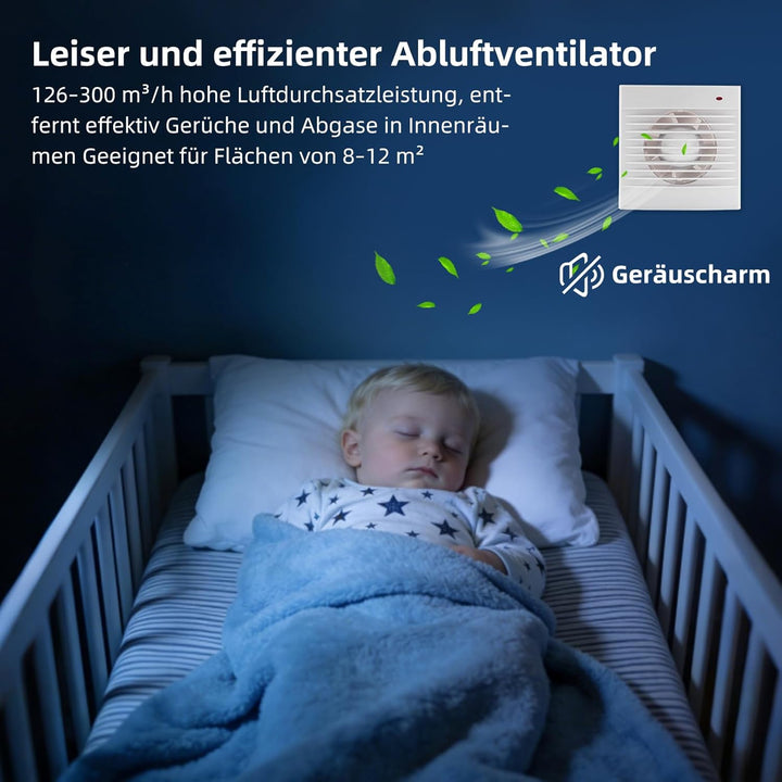 Badlüfter 100mm mit Rückschlagventil, 142m³/h Abluftventilator, Rohrventilator, für Badezimmer, Küch
