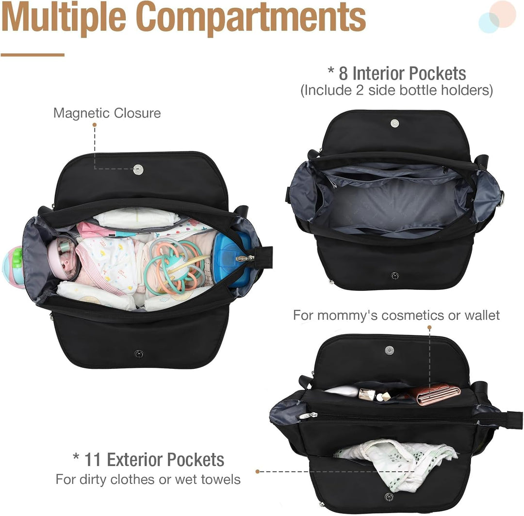 Lekebaby Baby Wickeltasche Bote gross mit Wickelunterlage für Reise Schwarz Gesteppt Schwarz Gestepp