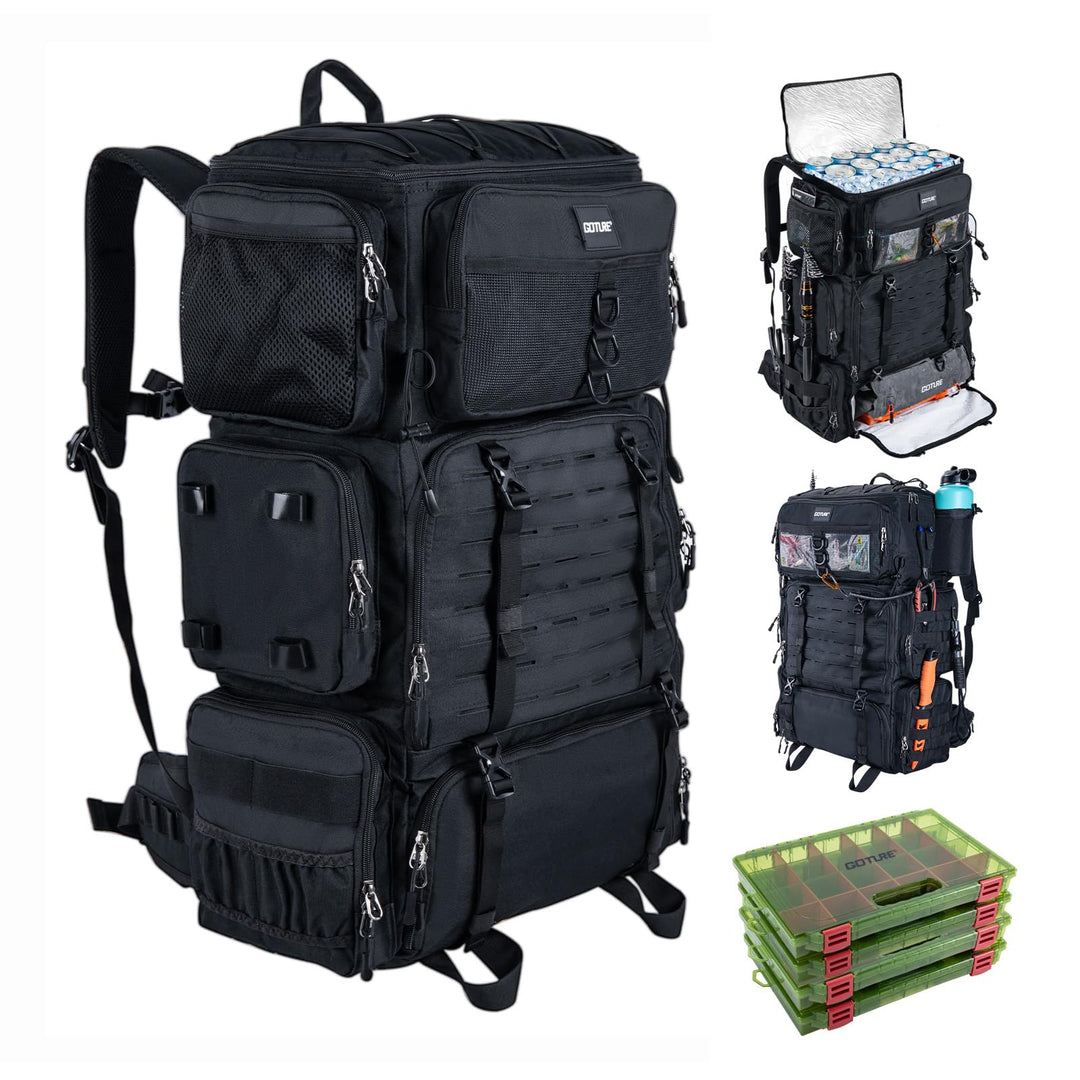 Goture 72L Angelrucksack mit Kühltasche (16L) &amp; Trocken-/Nass-Fach - Verstellbare Fächer Wasserabwei