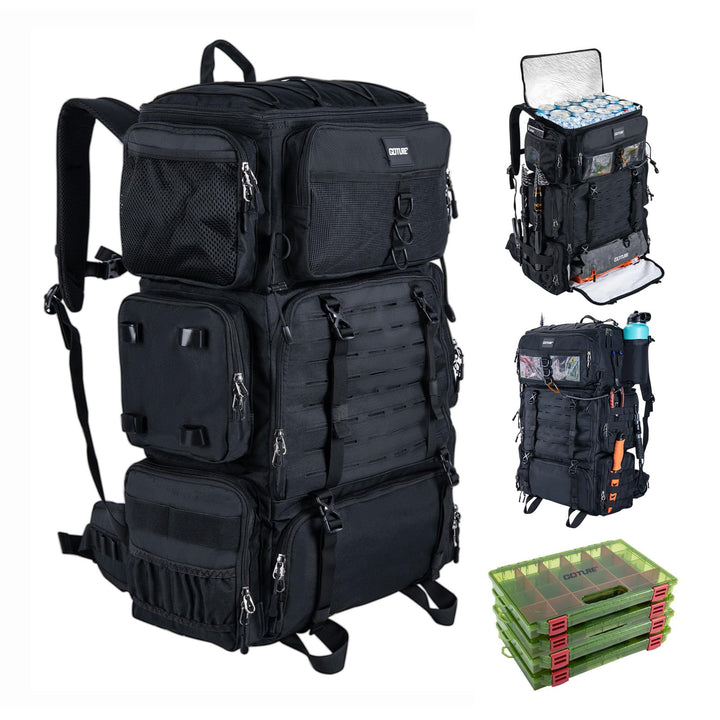 Goture 72L Angelrucksack mit Kühltasche (16L) &amp; Trocken-/Nass-Fach - Verstellbare Fächer Wasserabwei