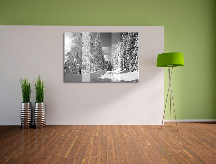 ruhige Winterlandschaft mit verschneiten Bäumen schwarz/weiss Format: 100x70 auf Leinwand, XXL riesi