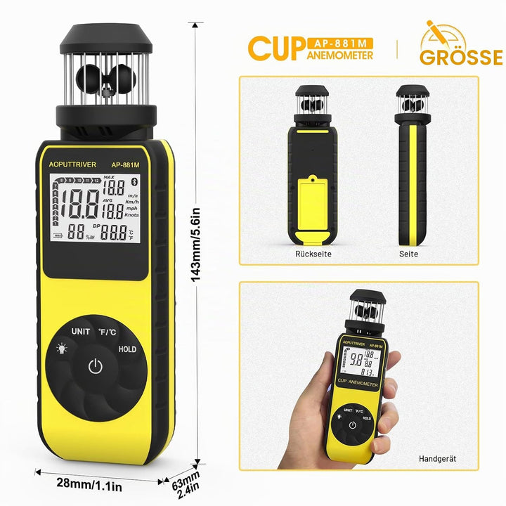Digitaler Anemometer Handheld AP-881M Windmesser Anemometer mit 360°Windrichtung Wind Cup Anemometer