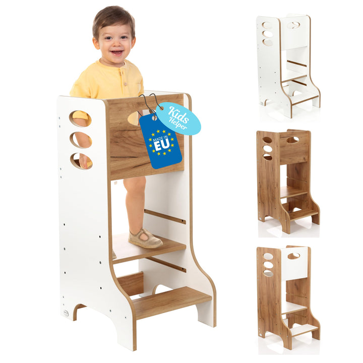 Kitchen Kids Helper Lernturm ab 1 Jahr - Höhenverstellbarer Lernturm Montessori Weiss und Eich 90cm