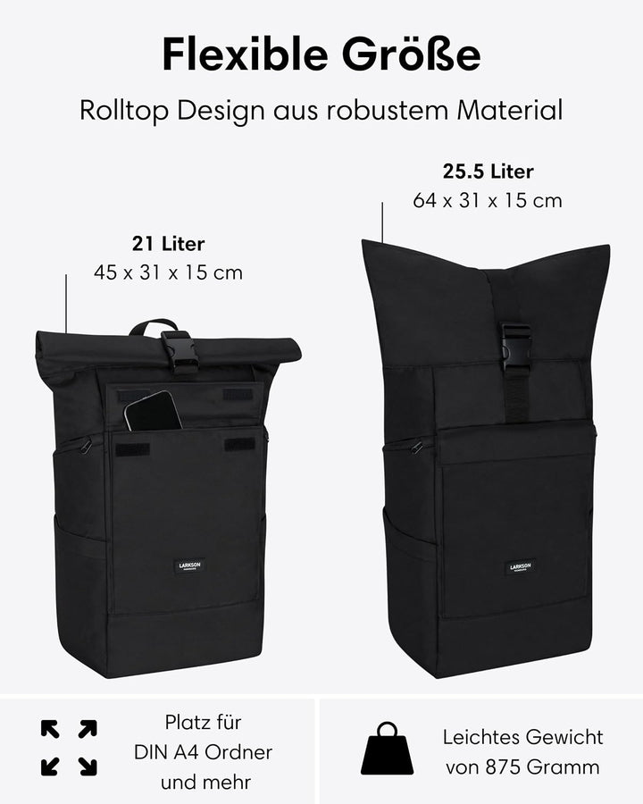LARKSON Rucksack Damen &amp; Herren Schwarz – No 4 Large, Schwarz