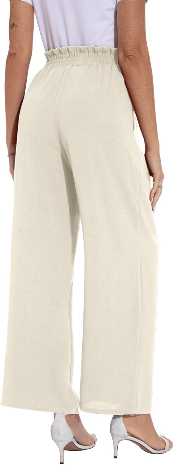 PrinStory Damen Hose Mit Weitem Bein Leichte Elastische Taille Sommer Hose Mit Taschen Kausale Arbei