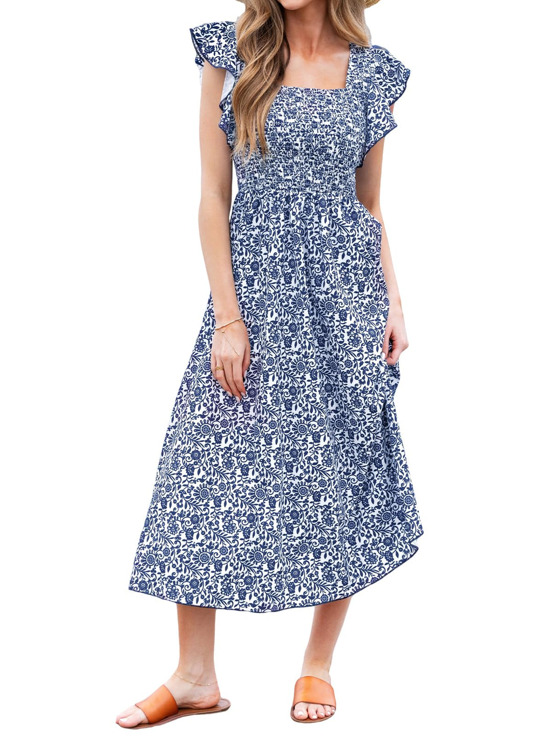 CUPSHE Damen Sommerkleid Quadratischer Ausschnitt Volantärmel Nadelstreifen A Linie Gesmoktes Maxikl