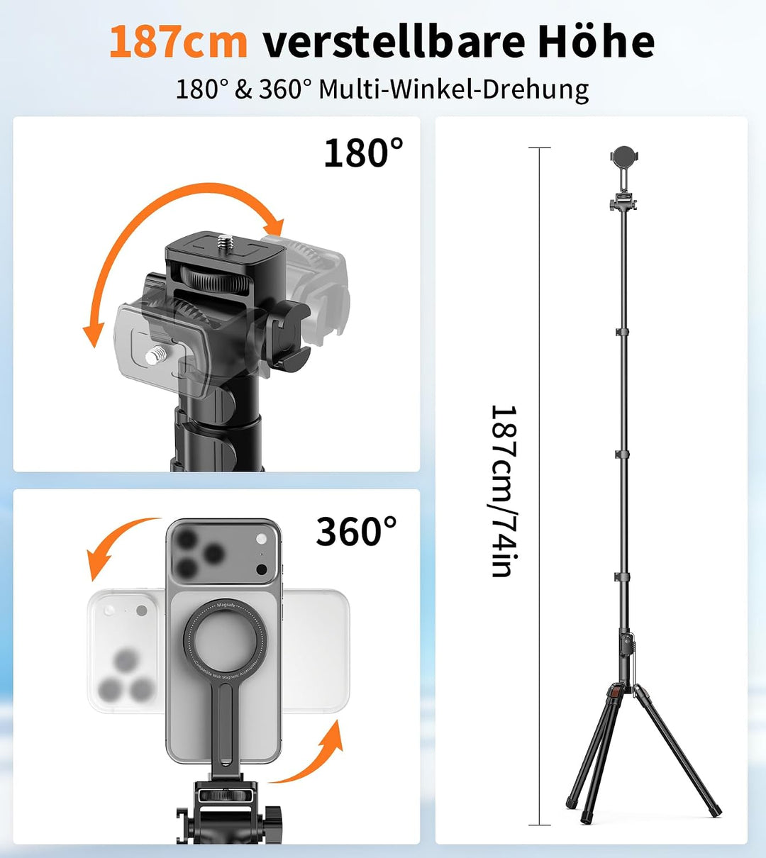 XXZU 187cm Magnetisches Handy Stativ, Leichtes Stativ Kamera mit Fernbedienung & Magnetischer Handyh