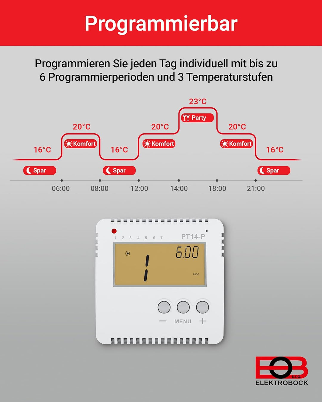 ELEKTROBOCK PT14-P Digitaler Raumthermostat 230V - Programmierbarer Wandthermostat mit grossem beleu