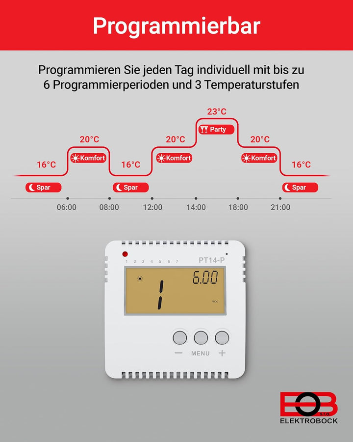 ELEKTROBOCK PT14-P Digitaler Raumthermostat 230V - Programmierbarer Wandthermostat mit grossem beleu