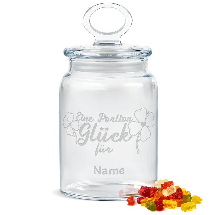 PR Print Royal Personalisierte Keksdose aus Glas mit Gravur - 800 ml - Eine Portion Glück mit Name s