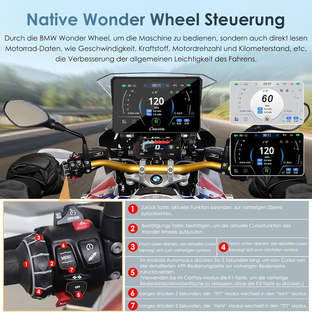 Carpuride W702BS Pro Motorrad Carplay Bildschirm mit BMW Wonder Wheel für BMW Motorrad, Kabelloses C