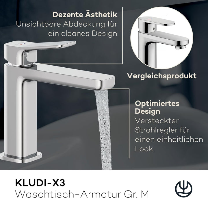 KLUDI-X3 Waschtischarmatur, Auslaufhöhe 110 mm, wassersparender Wasserhahn Bad Grösse M, Keramikkart