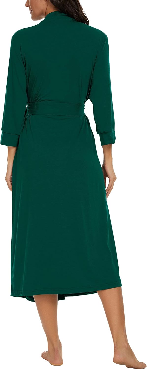 PrinStory Damen Bademantel Leichter 3/4 Ärmeln Morgenmantel V-Ausschnitt Kimono Roben Langes Nachtwä