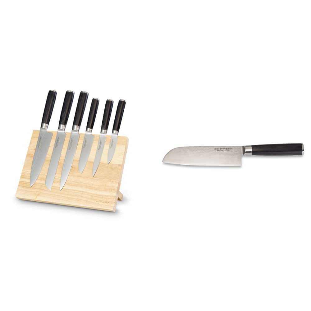 ECHTWERK Damastmesser Set 7tlg. Inkl. Magnet-Messerblock aus Holz & EW-DM-0360 Damastmesser Santokum