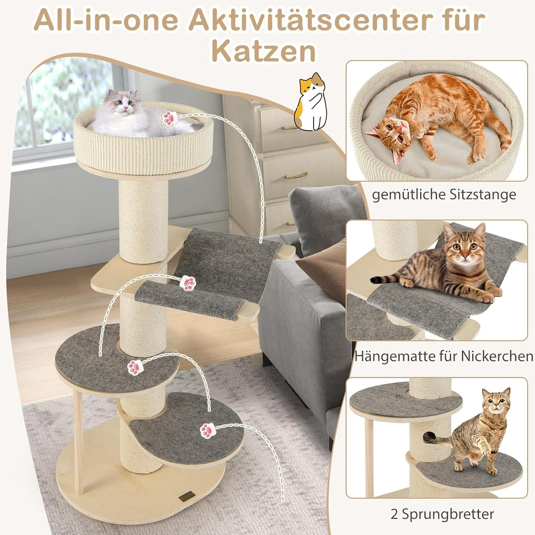 COSTWAY 120cm Kratzbaum Holz, Katzenbaum mit Hängematte, 14,5 cm dickem Stamm, 3 Plattformen, Sisal-