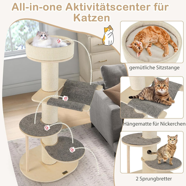 COSTWAY 120cm Kratzbaum Holz, Katzenbaum mit Hängematte, 14,5 cm dickem Stamm, 3 Plattformen, Sisal-