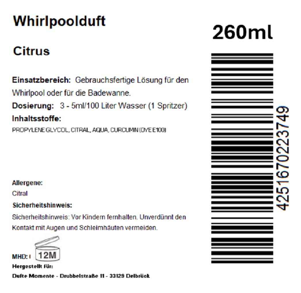Dufte Momente | Whirlpool Duft 260ml | Citrus | mit naturreinen und natürlichen ätherischen Ölen | k