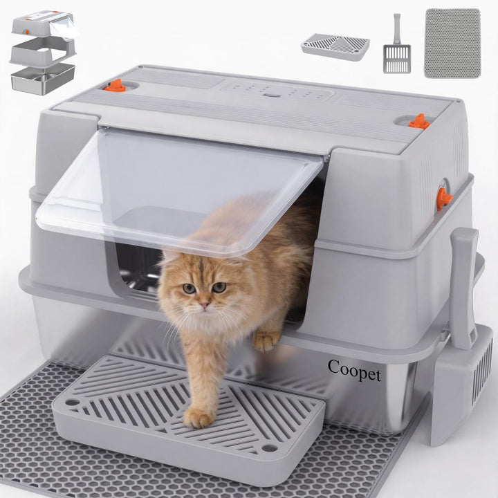 Geschlossene Katzentoilette aus Edelstahl mit Deckel, seitlicher Einstieg aus Metall für grosse Katz