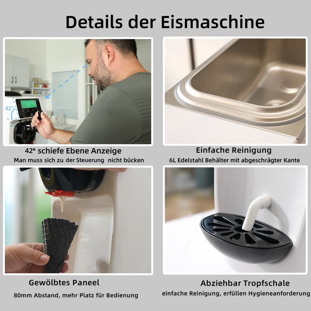 GSE Eiscrememaschine 1200W - 18L Softeis pro Stunde, 6L Edelstahlbehälter mit Kühlfunktion, 1.2L Ein