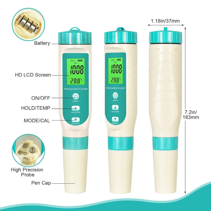 Wasserqualitätstester T8-W7L – 7-in-1 Messgerät pH/TDS/EC/Salz/ORP/SG/Temperatur | IP67 Wasserdicht