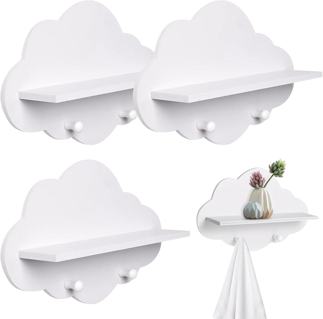 Wolkenregale, 3 Stück, süsses, weisses, schwebendes Holzregal in Wolkenform mit Kleiderbügel, Lagerr