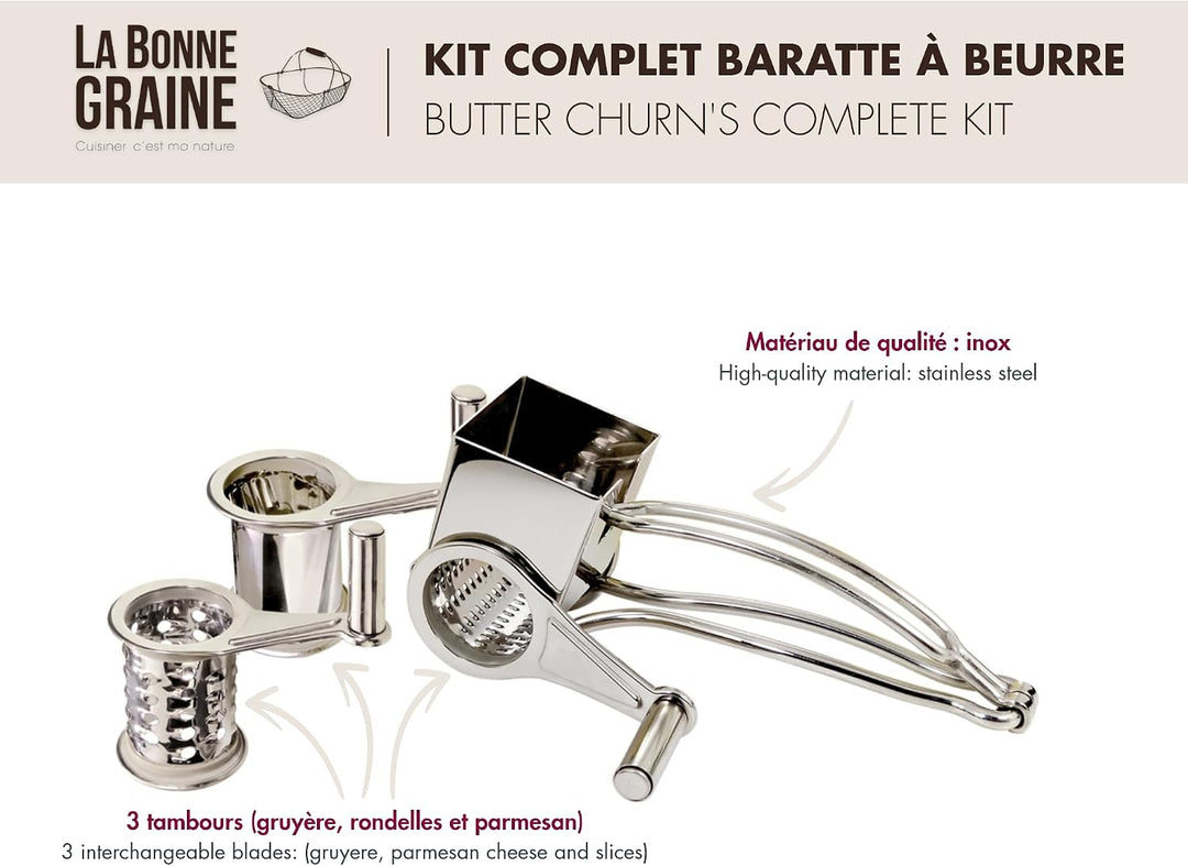 La Bonne Graine - Mühle zum Reiben von Käse und Rohkost mit 3 Trommeln aus Edelstahl - 3 Funktionen